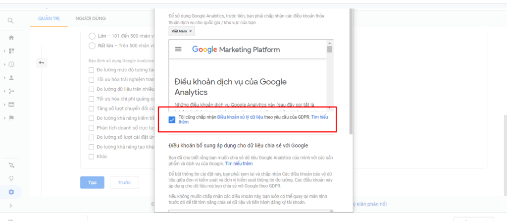 chấp nhận điều khoản google trong cài đặt google analytics