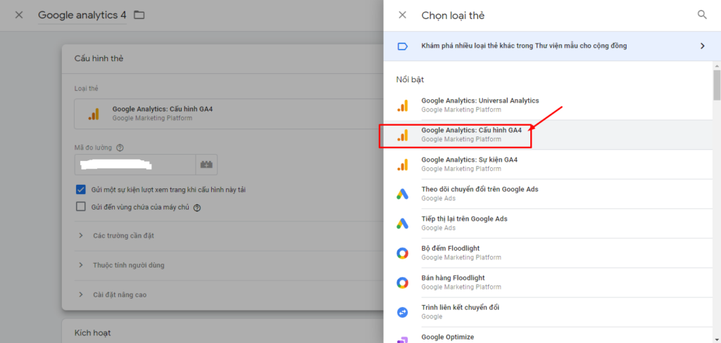 Chọn loại thẻ Google Analytics cấu hình GA4