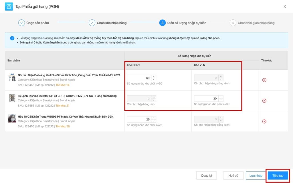 điền số lượng nhập dự kiến sản phẩm tiki