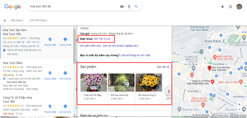 Thông tin liên lạc, địa chỉ và sản phẩm được hiển thị trên Google Maps